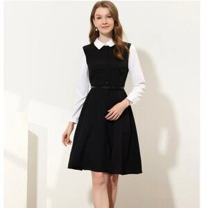 Work Button Front Dress Long Sleeve Contrast Collar Shirtdress